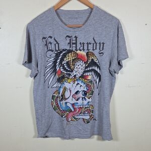 Ed Hardy Rhinestone Skull Eagle Snake Grey T-Shirt Double Side Design Large READ